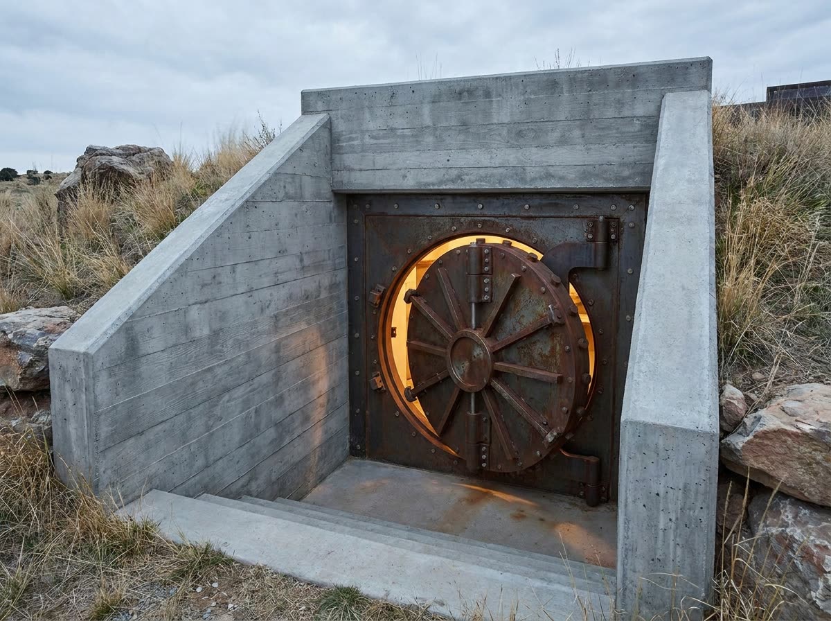 Steel blast door entrance of a ranch storm shelter set in concrete